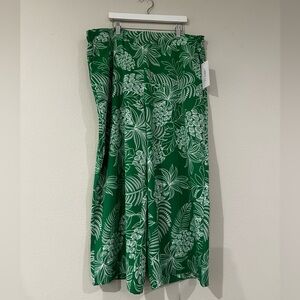 Vacation summer‎ Wide leg green pants white palm trees, pineapple design Large!